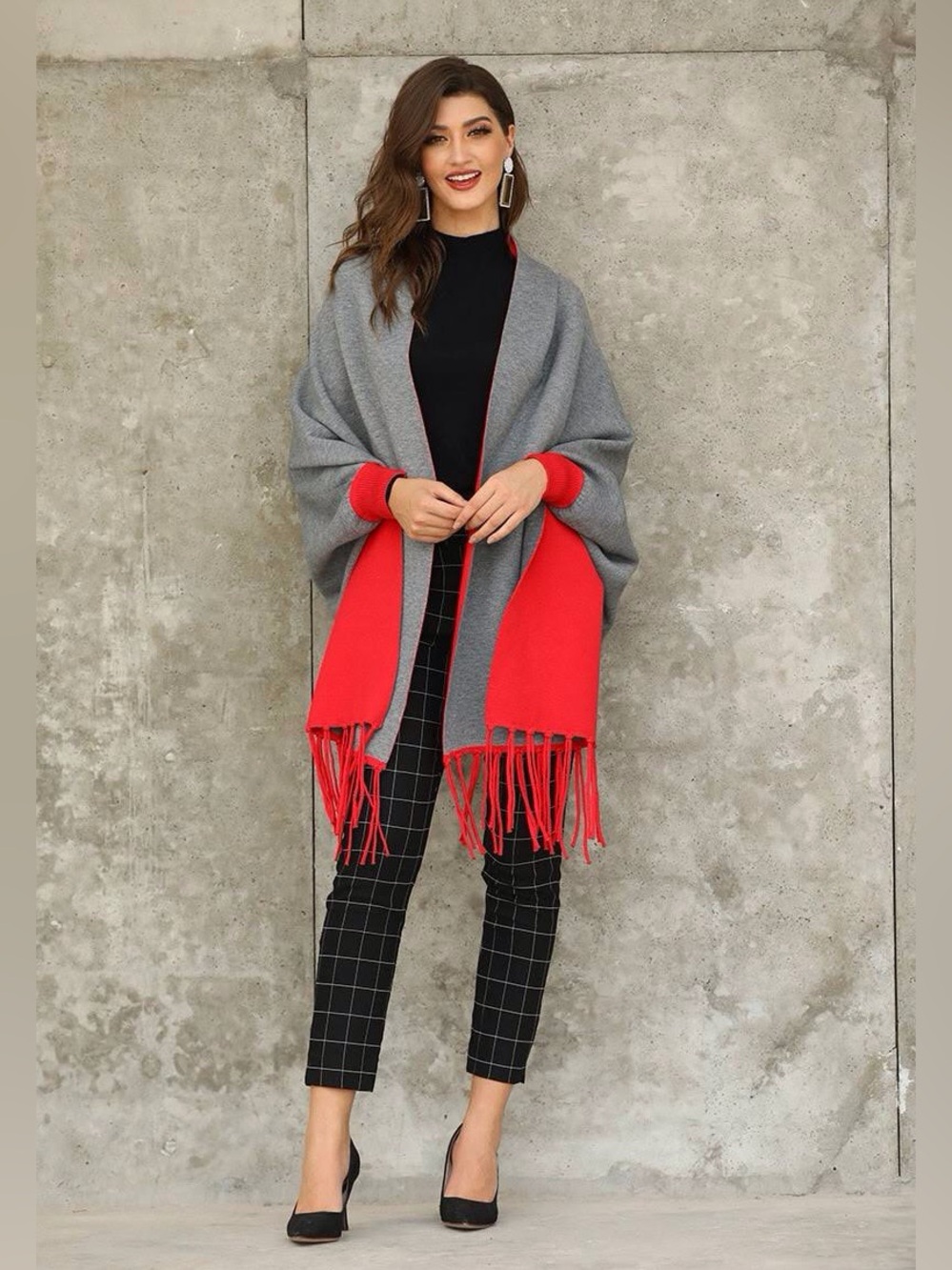 New Reversible Grey and Red Fringe Open-Front Women's Shawl with Sleeves
